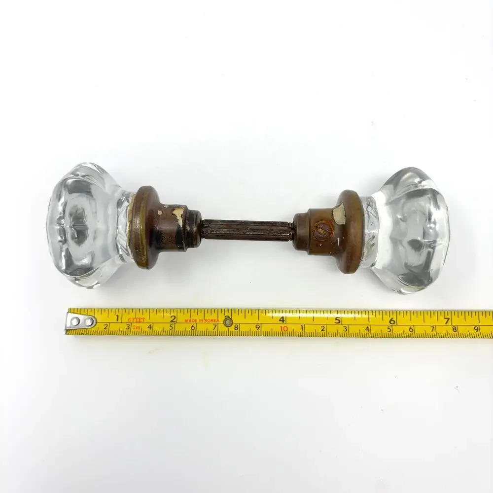 Antique Octagonal Brass Door Knob Set with Starburst Center c.1920 Salvage